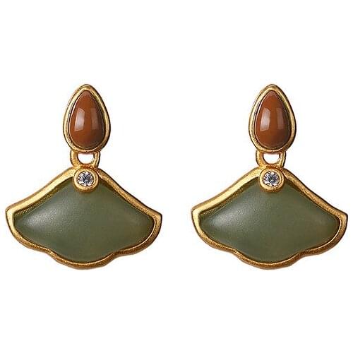 925 sterling silver gold plated Hetian Qiemo blue stud earrings personality ginkgo leaf retro womens elegant silver earrings