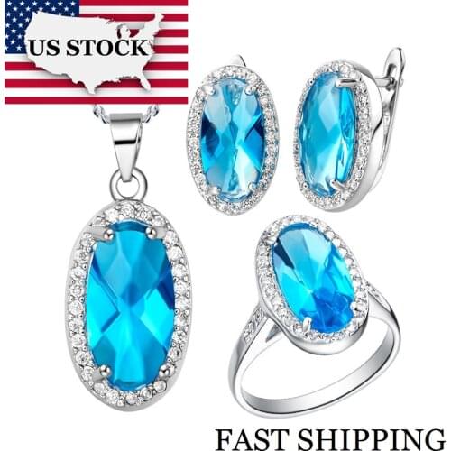 USA STOCK Uloveido Womens Party Jewelry Sets Blue Rhinestones Ring Necklace and Earrings Silver Color Wedding Jewelry Set T010