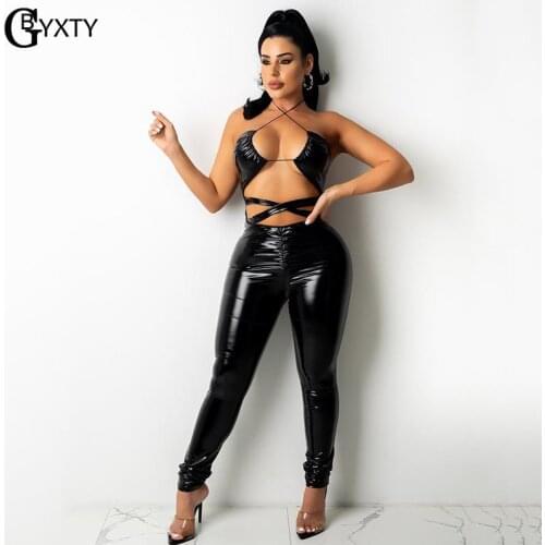 GBYXTY Sexy Front Open Cut Out PU Leather Jumpsuit Women Night Club Party Backless Halter Bandage Jumpsuit Femme Overalls ZL1352