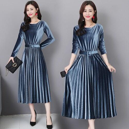 2020 New Spring Autumn Women Gold Velvet Dresses Female Vintag Long Sleeve Slim Knitted Dress High Elastic Dresses