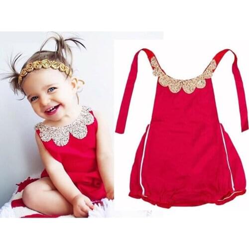 2020 Infant Baby Newborn Girl Red Backless Bodysuit Jumpsuit Clothes Kids Outfit 0-24M Red Bodysuits With Belt Red Girls Clothes