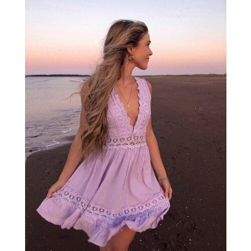 NEW 2021 Women Sexy Lace Floral Hollow Dress Female Sleeveless Deep V-neck Lace Hem One-piece Mini Dress Party Cocktail Holiday