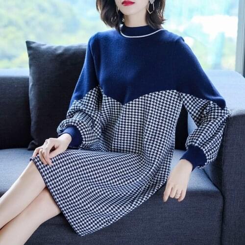 2021 Vintage Female Houndstooth Midi Dress Autumn Winter Plus Size Long Sleeve Sweater Dress Elegant Women Bodycon Party Vestido