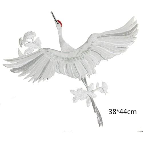 1Pcs Large Size White Crane Bird Embroidery Sewing On Patches For Clothing Applique DIY Embroidered Animal Patches LSHB1014