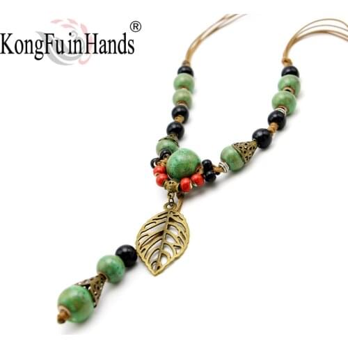 2018New Arrival Handicraft Vintage Leaf Pendant Long Necklace retro style Ceramic Beads Sweater Chain Handmade Jewelry for Woman