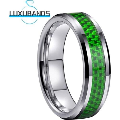 6MM Tungsten Carbide Rings For Women Men Green Carbon-Fiber Inlay Beveled Edges Polished Finished Comfort Fit