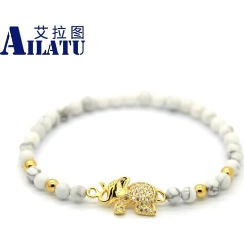 Ailatu Trendy Jewelry Retail 4mm White howlite Stone Beads Micro Inserts Zircon Elephant Lucky Bracelet Animal Shape