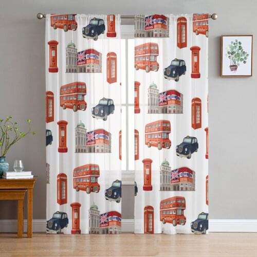 Bus Phone Booth Building British Flag Mailbox Voile Tulle Sheer Curtains for Bedroom Living Room Kitchen Decor Window Curtain
