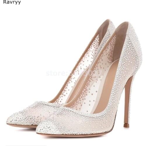 White lace womens high heels thin heel rhinestone decor pointed toe sexy pumps female party dress shoes slip-on single shoes