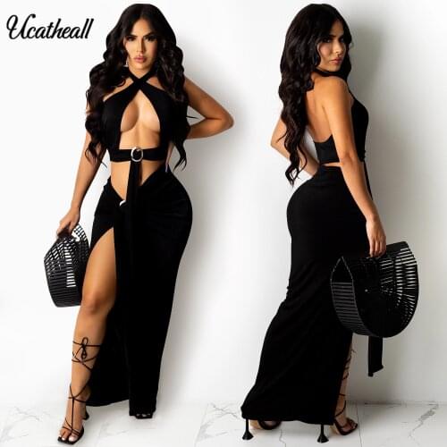 Sleeveless Halter 2 Piece Set Women Cross Bandage Sexy Crop Top And Long Skirts Matching Outfit High Split Female Skirt Suits