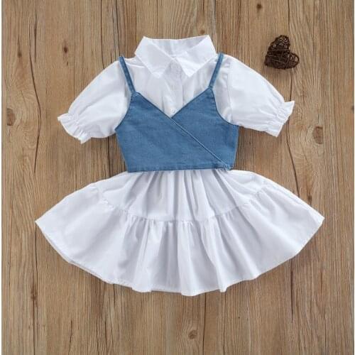 Children Girls Summmer Clothes Outfits Short Sleeve Simple Adjustable Bandage with Ruffle Dress Denim Vest Girls Clothing