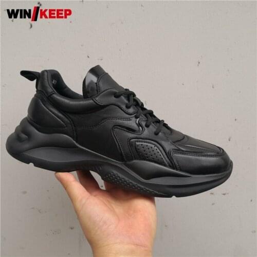 Men Outdoor Sport Shoes Street Lace Up Cowhide Natural Leather Sneakers Round Toe Platform Jogging Athletic Shoes Male Trainers