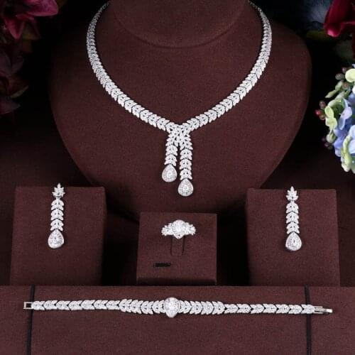 Janekelly Nigeria 4pcs Bridal Zirconia Jewelry Sets For Women Party, Luxury Dubai Nigeria CZ Crystal Wedding Jewelry Sets