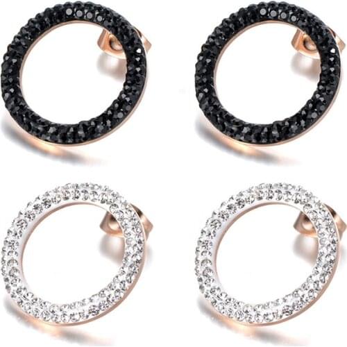 Stainless Steel Jewelry White/Black Clay Cystal Earrings Rose Gold Color Round Shape Christmas Gift Pendientes JE18455