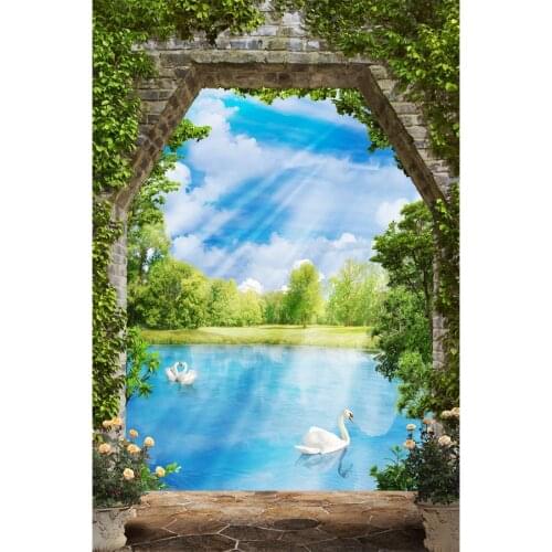 Brick Archway Swan Lake Landscape Scene Photography Backgrounds Baby Child Portrait Photographic Backdrops For Home Photo Studio