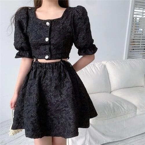 2021 Summer New Single Breasted Short Fashoin Crop Tops Elastic Waist A-line Skirt Women Vintage Popular Set Tide Two-Piece Suit