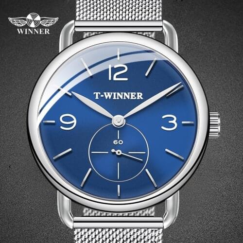 Mechanical Hand Wind Watch Mesh Belt Number Design Silver Blue Mans Watches Top Brand Luxury Business Simple Male Clocks