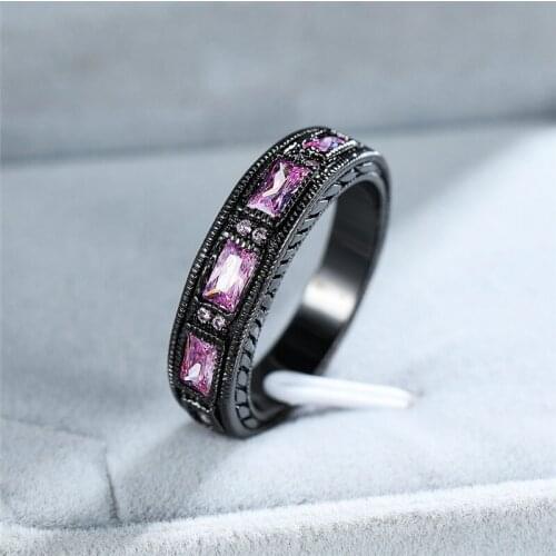 Cute Female Princess Pink Square Stone Ring Vintage Black Gold Wedding Rings For Women Promise Love Engagement Ring