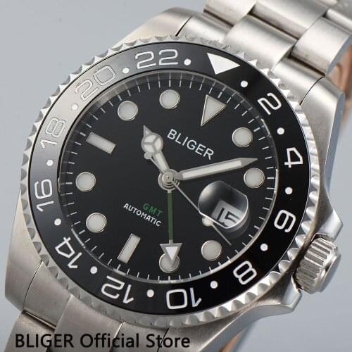 Sapphire Crystal BLIGER 43MM Black Dial Ceramic Bezel GMT Function Luminous Date Magnifier Automatic Movement Mens Watch B37