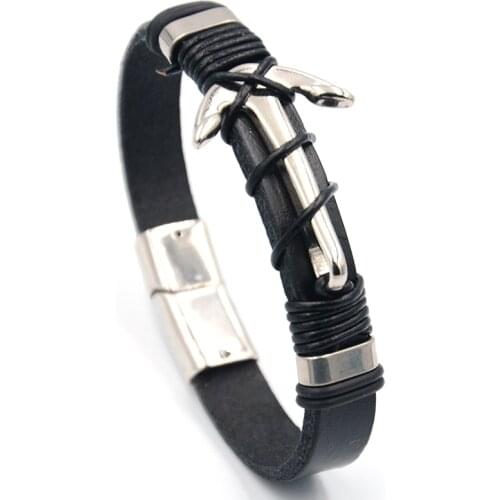 Junwei Anchor Leather Bracelet Hand-Woven Magnetic Buckle Mens Leather Bracelet Punk Style