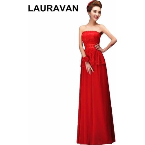 Cheap formal lace chiffon long pretty strapless bridesmaid special occasion dresses gown 2020 red teens gowns for wedding