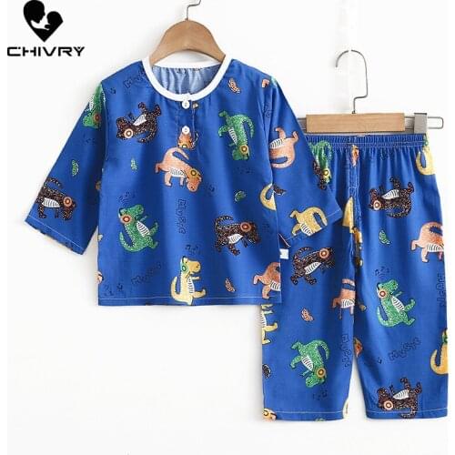 New 2021 Boys Girls Summer Pajama Sets Cartoon Print Three-quarter Sleeve T-Shirt Tops with Pants Baby Sleeping Clothing Sets