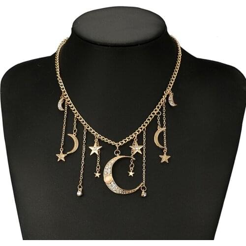 Boho Fashion Star Moon Pendant Tassel Necklace Shiny Crystal Choker Women Jewelry Gift Hot