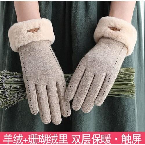 New womens gloves for autumn and winter 2020 wool Plush warm bow cashmere thickened gloves Student touch screen riding gloves