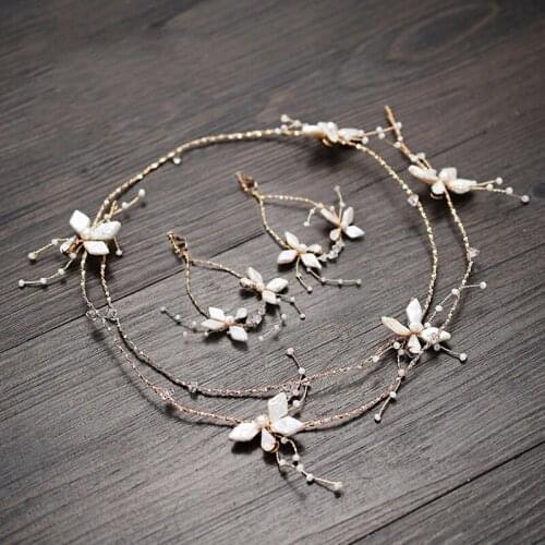 Extra Long Hair Vine Bridal Headband with Earrings Shell Floral Pearls Wedding Jewelry Gold Color Women Hairpiece