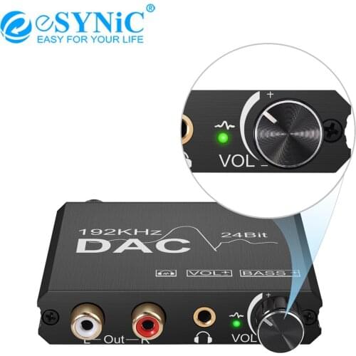 ESYNiC 192kHz DAC Digital To Analog Audio Converter Coaxial Toslink To RCA 3.5mm Jack Converter With Bass + Volume Control