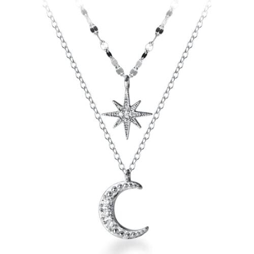 Real. 925 Sterling Silver Double Rows Layered Crescent Moon Star cz set aaa+ Clavicle choker Necklace Pendant C-D6454