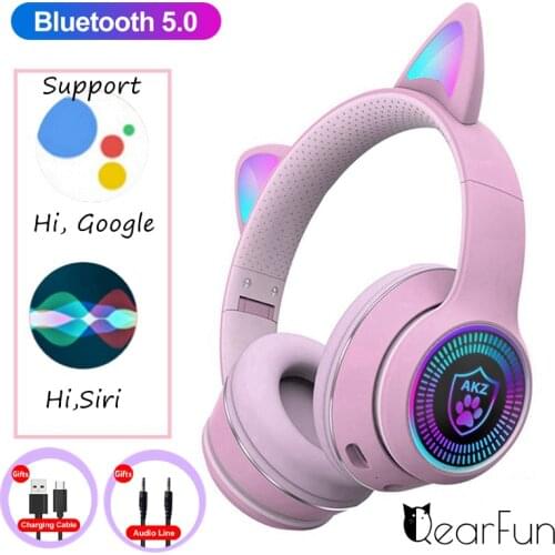 HiFi RGB Cute Cat Wireless Headphones With Microhpone, Can call Siri, Lady Girls Stereo Music Phone Bluetooth Gamer Headset Kid