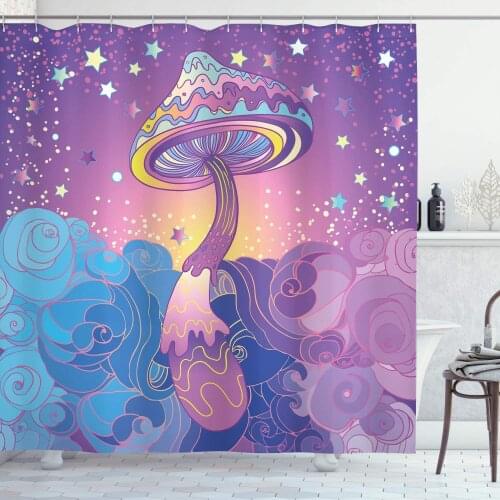 Mushroom Shower Curtain Magic Mushrooms Psychedelic Hallucination Vibrant 60s Style Hippie Bathroom Decor Set with Hooks 75"