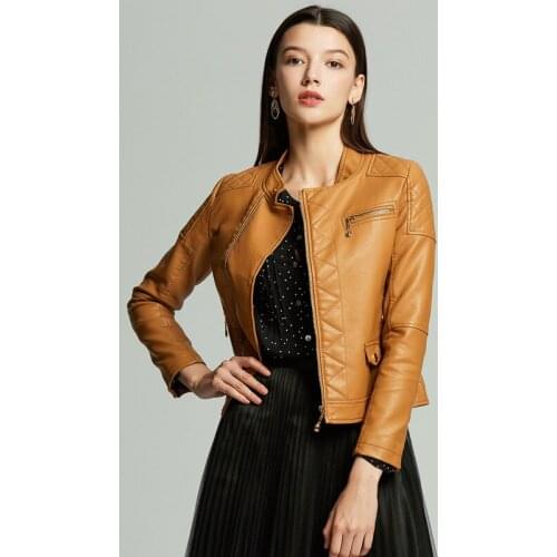New Leather Jacket Women Spring Autumn OL Stand Collar Motor Biker Coat PU Fashion Casual Outwear