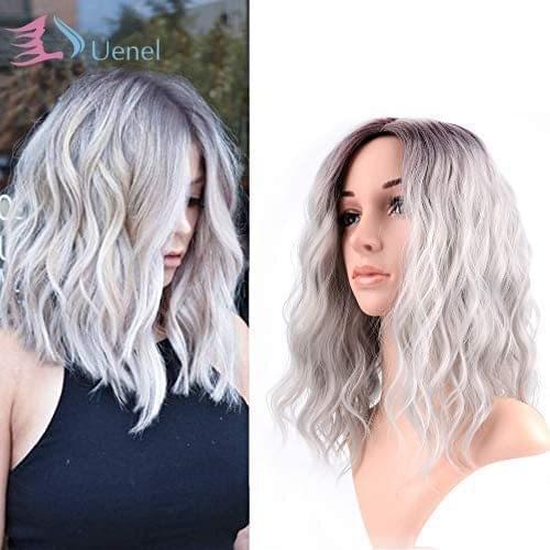 Uenel Curly Grey Wig Short Bob Wigs for Women Shoulder Length Side Part Womens Short Wig Ombre Color Synthetic Cosplay Wig