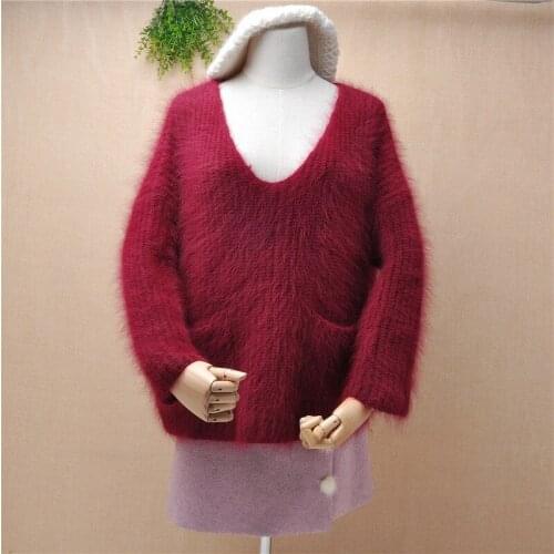 Ladies women fashion hairy fuzzy mink cashmere deep v-neck cute pockets long sleeved loose oversized pullover winter jumper tops