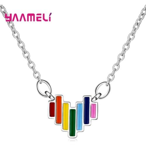 Unique Design Rainbow Geometric Heart 925 Sterling Silver Pendant Necklace For Women Christmas New Year Gift Jewelry Accessories