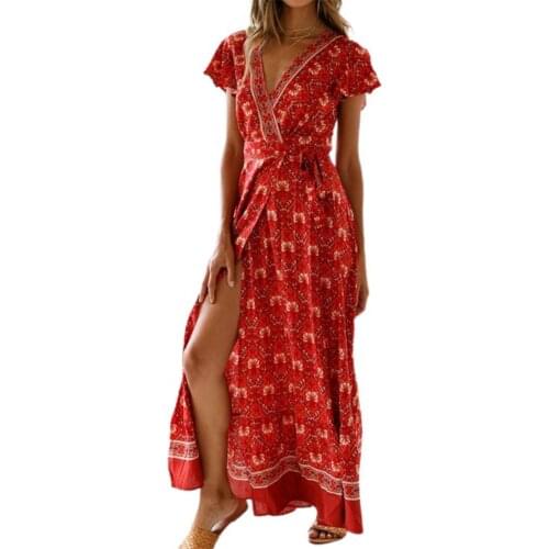 Plus Size Summer Women Dress Fashion Elegant Vintage Casual Sexy V-neck Open Hem Floral Print Holiday Party Dresses платье