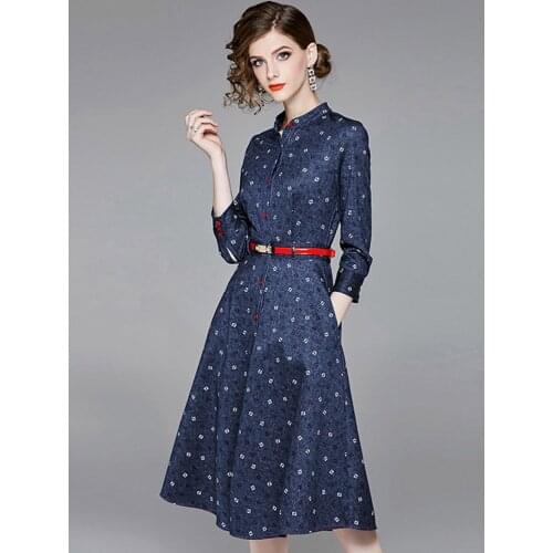 2019 New Designer Womens Dress Stand Collar Cropped Sleeves Denim Print Waist High Elegant Quality A Word Casual Beach Dresses
