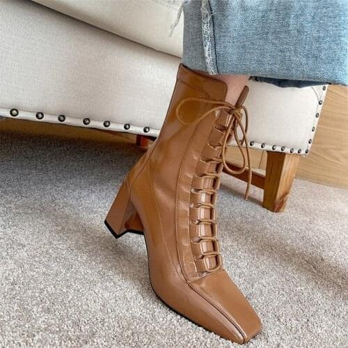 2021 New Women Boots Fashion 7.5cm High Heels Shoes Winter Lace Up Woman Square Toe Ankle Boots FemaleThick Heel Shoes for Women