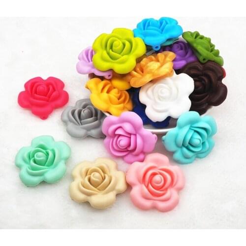 Chenkai 50pcs BPA Free Silicone Rose Flower Pendant Teether Beads DIY Handmade Baby Rattle Pacifier Dummy Sensory Chewing toy