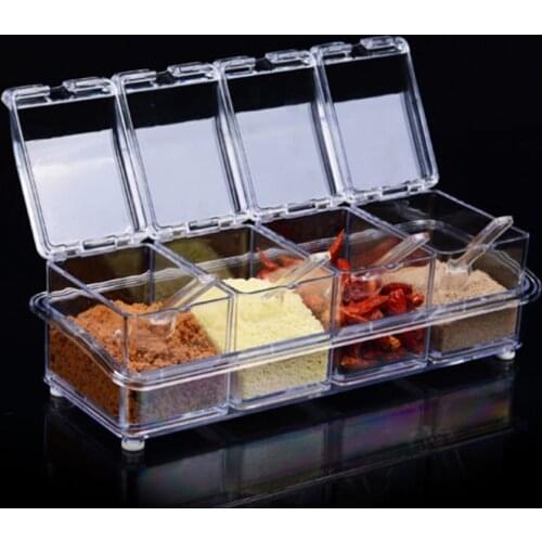 4 Compartments Seasoning Box Seasoning Rack Spice Pots Storage Container Condiment Jars Clear Cruet With Cover And Spoon