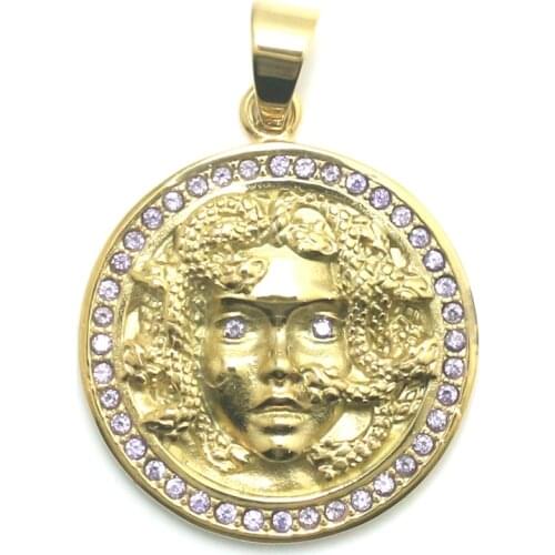 316L Stainless Steel Gold-Color Blue Stone Medusa Snake King Skull Pendant