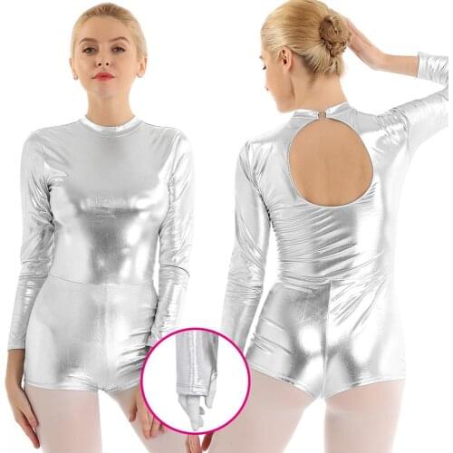 Shiny Metallic Long Sleeve Keyhole Back Gymnastics Leotard Women Figure Skating Adult Ballet Dance Costume Biketard Bodysuit