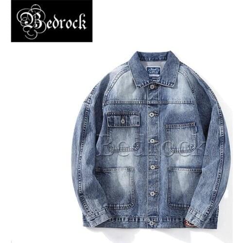 MBB Indian portrait print street red line denim wash mens denim jacket light blue lapel loose shoulder casual jacket 305