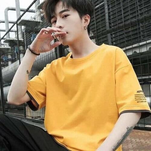 T-shirt mens short-sleeved summer 2020 new trend loose stitching half-sleeved tide brand clothes T-shirt five-point sleeves