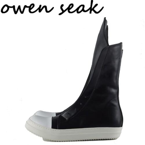 Owen Seak Men Shoes High-TOP Boots Luxury Trainers Genuine Leather Boots Casual Lace-up Zip Flats Black White Big Size Sneakers