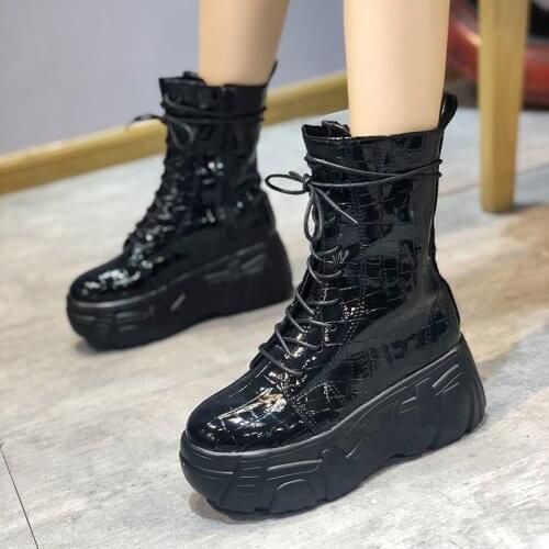 New product Pocket Motorcycle Boots Women Platform Shoes Lace Up Thick-soled Black Military Shoes Woman Half Botas Mujer