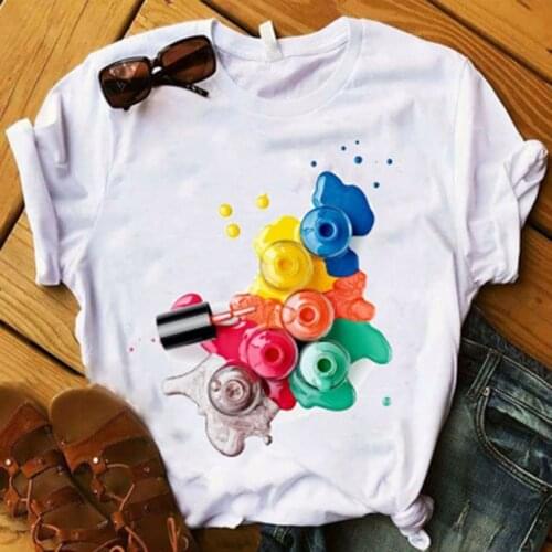New Women T-Shirts Summer Watercolor Nail Polish Printed Tops Tees Female T-shirt Short Sleeve White Tshirt for Lady Casual Top
