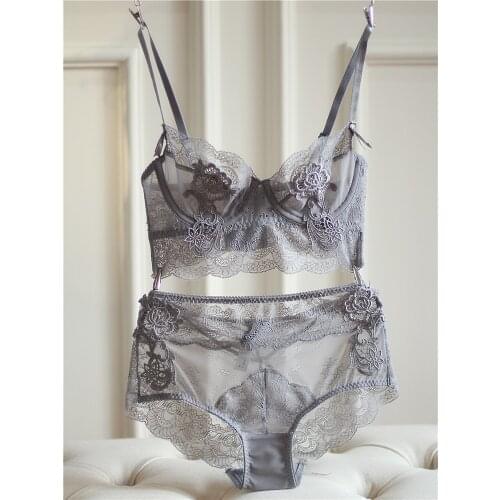 New flower bra set sexy breathable women underwear set large size lace with steel ring push up lingerie set